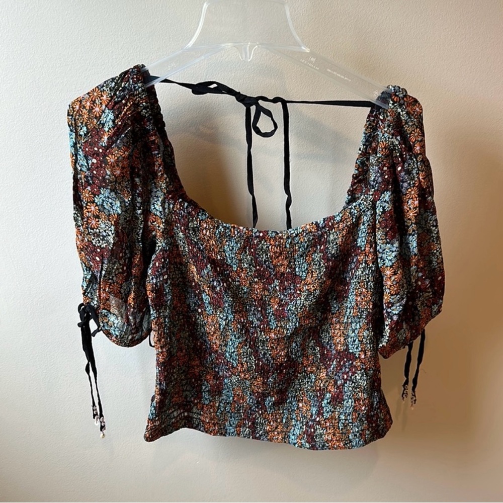 Free People Multicolored Floral Smocked Blouse w/Puff Sleeves